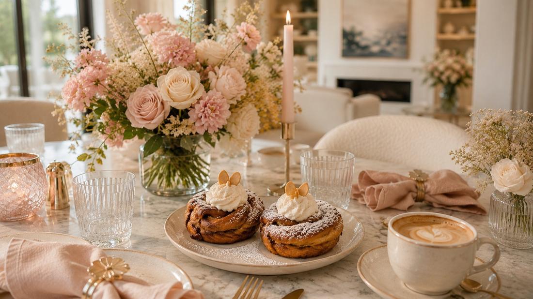 Goldie's cinnamon buns served at a warm home breakfast table